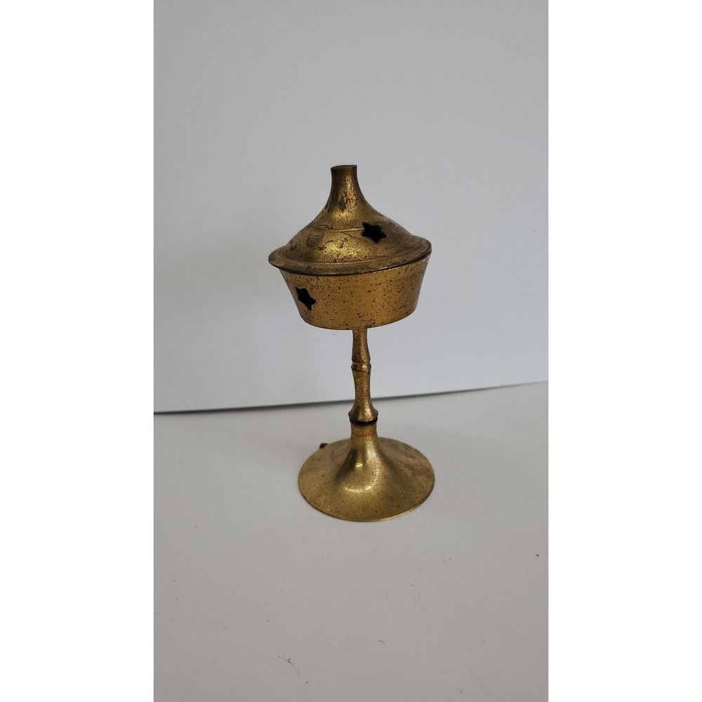 Vintage India Lacquered Brass Incense Burner Pedestal Star Cutout Lid Gold Tone - Picture 1 of 4